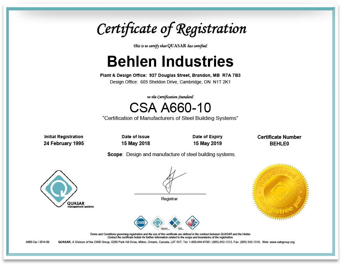 Behlen Industries - Accréditation CSA A660 -10