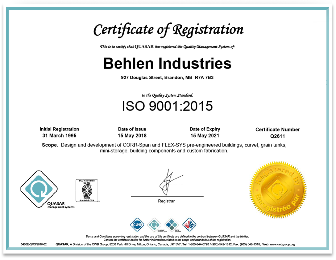 Behlen Industries - Accréditation ISO 9001-2008